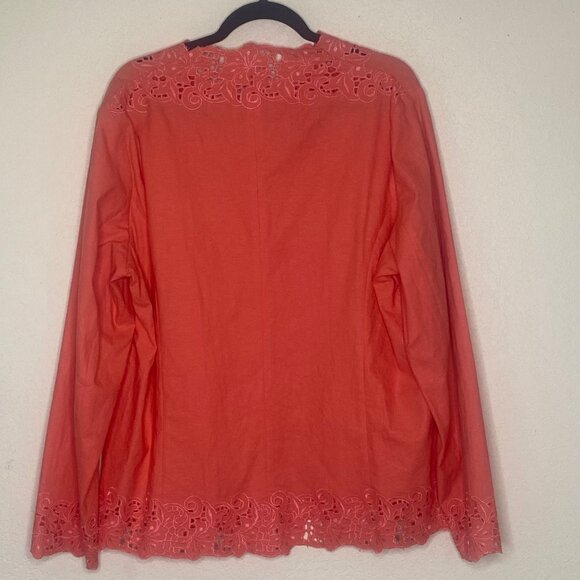Susan Graver Linen Blend Top X-Large Coral Floral Embroidery Long Sleeves - Picture 7 of 9
